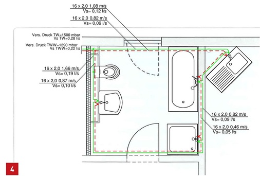 Ringinstallation mit Uponor-MLC. Der Druckbedarf sinkt um 27 % gegenüber der Reiheninstallation. Es kann durchgehend mit 16 x 2mm dimensioniert werden.