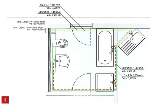 Durchschleif-Reiheninstallation mit Uponor-MLC. Das WC ist als Hauptverbraucher am Ende des Stranges angeschlossen.