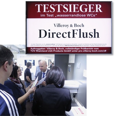 Heiße Diskussionen löste der Messestand von Villeroy & Boch aus. Die Mettlacher präsentierten dort die Ergebnisse eines Spülversuches, bei dem auch spülrandlose WCs von Duravit, Laufen, Ideal Standard und Keramag im direkten Vergleich getestet wurden.