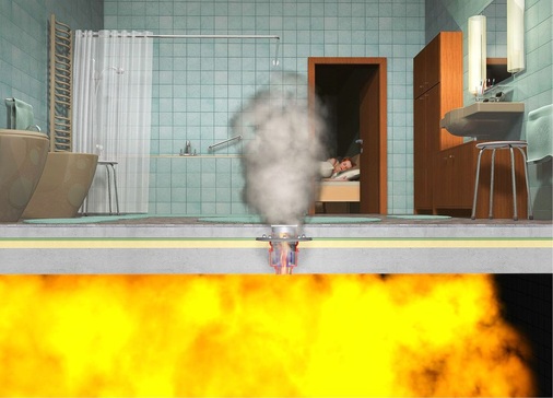 Bei einem Brand können Rohrleitungsteile abbrennen und so Öffnungen ­entstehen, durch die Feuer und Rauch in das nächste Stockwerk gelangen.