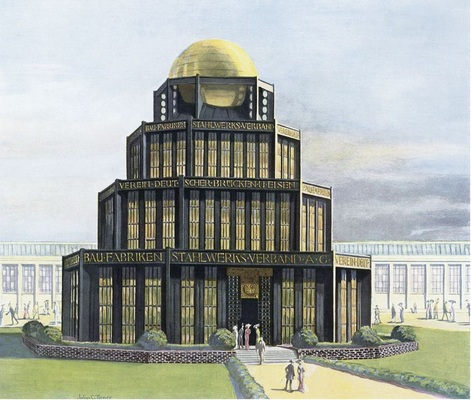 Das imposante ­Bauwerk „Monument des Eisens“, und die Maschinenhalle I im Hintergrund. - © Zeitschrift Bauen und Wohnen, Leipzig 1913.

