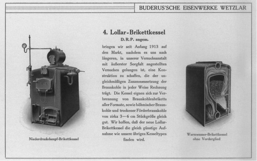 Der erst zu Jahresbeginn 1913 auf den Markt gekommene neue Lollar-­Brikettkessel von Buderus wurde auf der IBA gezeigt.