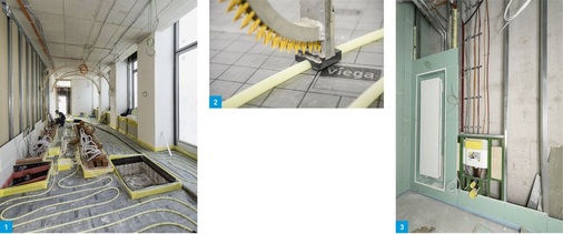 1 Jede kleine Ecke wurde für die Flächentemperierung genutzt.

Der variable Zuschnitt der Trägerplatten und die freie Bestimmungder Rohrabstände waren daher wichtig.

2 Der feste Halt der Tackernadeln war für den reibungslosen

Ablauf während der Bauphase wichtig: Die Widerhaken der

Fonterra-Nadeln sind dafür um 90° zum Rohr gedreht.3 Auch bei der Sanitärinstallation der Bank kamen bei diesem

Projekt viele Produkte von Viega zum Einsatz.