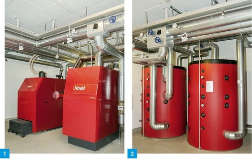 1 Auch die Heizzentrale im Gebäude ist für Schulungszwecke ­vorgesehen. Sie besteht aus einem Pelletkessel (links) und einem Gas-Brennwertkessel. 2 Die zugehörigen und je 2000l fassenden Puffer­speicher ermöglichen einen opti­mierten Betrieb des Pelletkessels durch das Ausgleichen von Lastschwankungen.