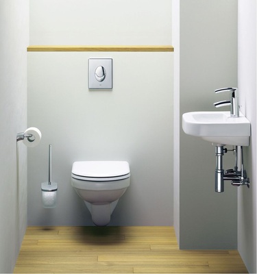 Trockenbau-Einzelelemente können auch zur Erstellung ­einer Vorwandinstallation für die individuelle Badgestaltung eingesetzt werden, beispielsweise in einem Gäste-WC. - © Grohe
