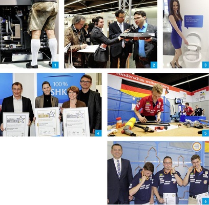 1 Mir san mir – Heiztechnik am Stand des bayerischen Holzkesselherstellers Brunner aus Eggenfelden. Die Ofenbauern wohlbekannte Firma will sich verstärkt auch bei Heizungsbauern etablieren. Ab Juni gibt es drei neue Pelletkessel mit 15 bis 50

kW. 2 Presserundgang: Auf reges Interesse stieß die virtuelle Badbegehung am Stand von Palette CAD. Hier wurde die Immersight Technology vorgestellt, mit der man ein zuvor geplantes Bad virtuell begehen kann.3 Die schlanksten Damen und die dicksten WCs gab es am Stand von Ideal Standard. Anstelle der üblichen Breite von 36cm haben die Bonner jetzt eine XXL-Variante mit der Breite von 45cm im Programm. 4 Zum Bäderstar 2014 gekürt wurden Norbert Higle (Erhardt-Sanitär in Heitersheim, Silber-Medaille), Sabina Bayer (Albert Bayer GmbH aus Johannesberg, Gold-Medaille) sowie Petra und Roland Christel (Christel GmbH aus Hirschaid, Silber-Medaille).5 Informationen und Tipps zur beruflichen Weiterbildung erhielten Gesellen, zukünftige Meister und Führungskräfte auf der Sonderschau weiter@bildung.

6 Die Besten der Besten – Siegerehrung im Qualifikationswett­bewerb für die Euroskills in Lille (v.l.): Michael Hilpert, LIM des FVSHK Bayern, Christopher Vogel (Sieger), Dominik Engel (2. Platz) und Daniel Ebert (3. Platz).