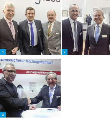 1 Bekannte Gesichter mit neuer Marke: Ex-Glamü-Chef Erich Hofer (Mitte) und Wolfgang Göck (r.) präsentierten sich auf der IFH mit der neuen Firma Glassdouche mit Sitz in Heitersheim. Mehrheitsgesellschafter ist Glas-Trösch, hier mit Geschäftsführer Dieter Gaile.2 Die Marke Glamü wird jetzt über die von der Muttergesellschaft Dorma neu gegründete, im niedersächsischen Riedberg ansässige Provitris GmbH vertrieben. Auf der IFH aktiv: Geschäftsführer Kurt Bassista (l.) und Vertriebsleiter Ralf Graubener.3 Beim Thema Heizungswasser arbeiten Perma­trade und Paradigma enger zusammen. Die Geschäftsführer Michael Sautter (r.) und Jürgen Korff unterschreiben eine Kooperationsvereinbarung.