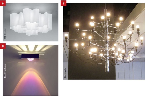 6 Die Deckenleuchte Logico Soffitto Micro von Artemide schafft eine weiche Ausleuchtung des Raumes und der Gesichter und vermittelt den Eindruck eines modernen Kronleuchters.7 Besonders hochwertig wirken in einem Badezimmer Kronleuchter. Hier die Leuchte Flos 2097 von Flos. 8 Effektvoll: die Leuchte Lilli der Firma Licht-Kraus mit verschiedenen Lichtverteilungsrichtungen und eingesetzten farbigen Filtern.