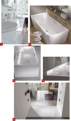 1 Möbeloberfläche in Perfektion: Firnis von Alape.2 Stahl/Email-Spezialist Bette hat seinem Monolithen Art jetzt eine wandstehende Variante an die Seite gestellt.3 Das Modell Lux Silhouette Side bietet noch mehr Gestaltungsoptionen und ist auch für den Wand- und Eckeinbau gedacht.4 Bodenebene Duschfläche Floor Side kann dank Zarge jetzt ohne Silikon im Wandanschluss verbaut werden.5 Duschen XXL: neue, große Varianten von Floor Side mit seitlichem Ablauf.