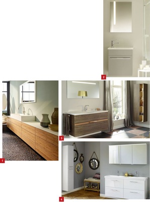 1 Das modulare Badmöbelprogramm Crono von Burgbad wurde formal gestreckt, funktional erweitert und platzsparend komprimiert.2 Neuer, raumsparender Waschtisch Bel für das elegante Gästebad.3 Mit der Kombination wohnlicher Oberflächen von Korpus und Front mit vier Trendfarben will die Serie Orell Akzente setzen.4 Als Teil der Schnelllieferkollektion Kollektion „for me“ ist Teno kurzfristig verfügbar.