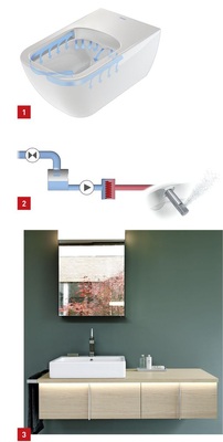 1 Duravit erweitert das Sortiment für RimlessWCs auch für die beiden Designserien Happy D.2 und Darling New.2 Weiterentwicklung: Mit SensoWashe ergänzt Duravit seine Dusch-WC-Sitze mit einem Durchlauferhitzer.3 Mit der Möbelkollektion Vero erweitert Duravit die gleichnamige Keramikserie.