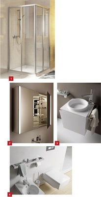 1 Funktional: Die neue gerahmte Duschwandserie Optima 5 von Duscholux.2 LED-Beleuchtung mit fließendem Übergang von warm- zu kaltweißer Lichtfarbe: Lichtspiegelschrankserie Select von Emco.3 Vervollständigung des Raumsystems Asis: Gästebadlösung.4 Update: Facelift und Ergänzungen für die Serie Liaison.