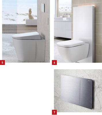 5 Dusch-WC von Matteo Thun jetzt auch als Stand-WC von Geberit erhältlich.<br />6 Sanitärmodul Monolith Plus – mit Geruchsabsaugung, Soft-Touch-Betätigung und farbigem Orientierungslicht.<br />7 Neuartige Auslösetechnik bei der ­Betätigungsplatte Geberit Sigma70.