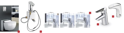 1 Grohe stellt auf der SHK Essen erstmalig ein Dusch-WC vor.2 Das kleine Kraftwerk für elektronische Armaturen: die neue Grohe Powerbox.3 Die Waschtischarmatur Mix von Hansa ist nun in drei Größen und verschiedenen Ausladungen erhältlich.4 Alle drei Waschtischarmaturen der neuen Serie Fit für das Bad sind in Zusammenarbeit mit der GGT Gesellschaft für Gerontotechnik entwickelt worden.5 Kompakt, rund und weich: Waschtischarmatur Concerto für unterschiedlichste ­Bedürfnisse.