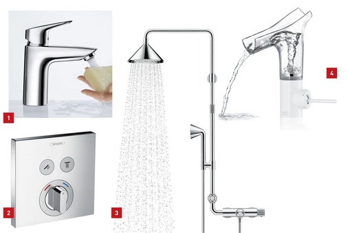 1 Die neue Hansgrohe-Armaturenlinie Logis verbindet Präzision und Sanftheit für mehr Wohnlichkeit im Bad.<br />2 Die neuen Hansgrohe ShowerSelectUnterputz-Thermostate und UnterputzMischer bieten noch mehr Funktionalität auf Knopfdruck.<br />3 Die Shower Products designed by Front von Axor fallen durch ihre trichterförmigen Hand- und Kopfbrausen auf.<br />4 Innovativ: Wasser wird mit der Armatur Starck V aus Glas sichtbar gemacht.