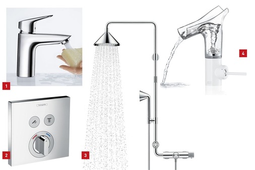 1 Die neue Hansgrohe-Armaturenlinie Logis verbindet Präzision und Sanftheit für mehr Wohnlichkeit im Bad.2 Die neuen Hansgrohe ShowerSelectUnterputz-Thermostate und UnterputzMischer bieten noch mehr Funktionalität auf Knopfdruck.3 Die Shower Products designed by Front von Axor fallen durch ihre trichterförmigen Hand- und Kopfbrausen auf.4 Innovativ: Wasser wird mit der Armatur Starck V aus Glas sichtbar gemacht.