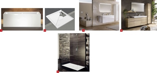 1 Kaldewei präsentiert neues Premium-Segment „Meisterstücke“: fugenlose emaillierte Verkleidungen für freistehende Badewannen.2 Neues Komplettsystem für Duschflächen: Superplan mit Styroporträger extraflach garantiert einfache Montage und flexible Einbaumöglichkeiten.3 Scona: moderne Duschfläche für jedes Budget.4 Die neue Designbadserie Xeno2 von Keramag verbindet architektonisch klare Formen mit symbolischen Anleihen an die Natur.5 iCon: vielseitiges Möbelprogramm um drei Trend-farben erweitert (im Bild: Holzstruktur Eiche Natur).