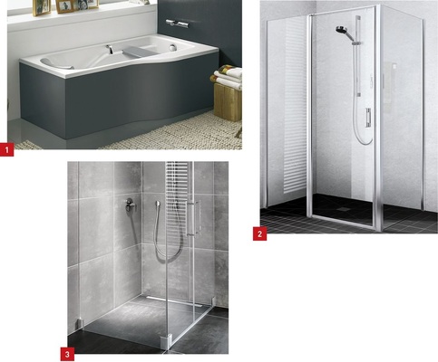 1 Die neue Badewanne Comfort Plus Family von Keramag mit erweitertem Wannenrand.2 Willkommen in der ersten Liga: Mit der neuen Duschkabinenserie Liga erweitert Kermi sein Sortiment der Profilduschen.3 Barrierefreier Duschbereich mit Duschkabine Pasa auf bodenebenem Kermi Duschplatz Line E70 mit wandseitiger Rinne.