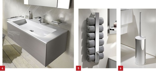 4 Keuco Edition 11: Neuer Keramikwaschtisch in drei Abmessungen.5 In Reih und Glied: Handtuchhalter für sechs Gästehandtücher.6 Standsicher: die freistehende Toilettenbürstengarnitur aus der Serie Collection Moll.