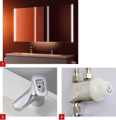 1 Kristallklare Sicht: neue Spiegel und Spiegelschränke von Laufen.2 Mit dem Einhebel-Wasch­tischmischer Par­cere von Lindner wird die kurzzeitige Wasserentnahme ohne Inbetriebnahme der Wärmezuschaltung durch Durchlauferhitzer oder Thermen gewährleistet. 3 Der Lindner-Minithermostat Secure gewährleistet thermische Sicherheit durch voreinstellbare Wassertemperatur.