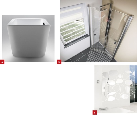 4 Eine rechteckige und drei ovale freistehende Badewannen stehen im RepabadProgramm Livorno zur Verfügung.5 Die Glasdusche Roth Laguna Maxi Wave passt sich jeder Raumsituation an. Besonders variabel ist die neue Ecklösung.6 Das exklusive Roth Dekor greift die Form von Steinen auf, ist leicht verspielt und ins­zeniert Natürlichkeit.