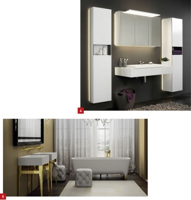 4 Der Glasspezialist Sprinz stellt erstmals eine Badmöbel-Kollektion vor. Der Korpus von Unit besteht aus Aluminium und ist innen in Alu matt oder Platin eloxiert ausgeführt. 5 Luxus pur: Die freistehende Badewanne Accademia von Teuco kommt mit 24-karätigem Blattgold an den Füßen daher.