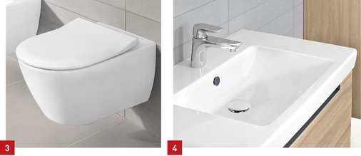 3 Schmale Kanten und Konturen mit SlimSeats der Kollektion Subway 2.0 von Villeroy & Boch.4 Das Push-Open Ventil aus Keramik kann auch nachgerüstet werden.