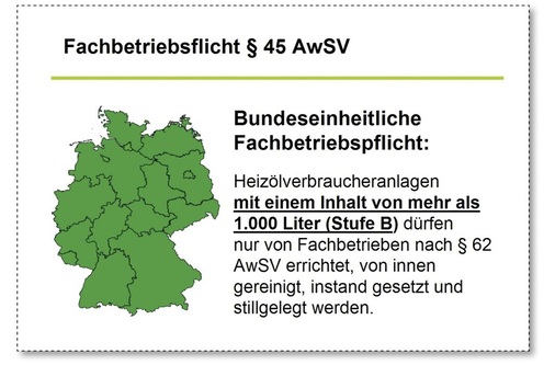 Deutschland ist bald kein Flickenteppich mehr: Mit der AwSV kommt die bundes­einheitliche Fachbetriebspflicht für Heizölanlagen. Für die Handwerksbetriebe bedeutet die neue ­Verordnung Mehraufwand — ein Sanierungsschub der technisch überalterten Anlagen ist ­damit jedoch leider nicht verbunden.