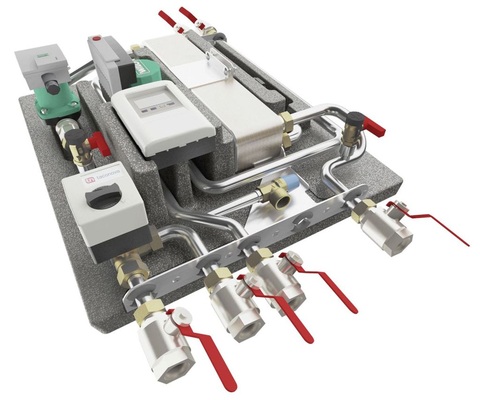 Die Warmwasserversorgung erfolgt über Solarthermie, kombiniert mit Frischwasserstationen Tacotherm Fresh 40 HE (Bild) und Übergabestationen Tacotherm Dual.