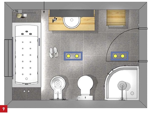 Beispiel-Badezimmer mit einer Grundfläche von ca. 8m2, für die eine Grundbeleuchtung (Licht zum Sehen) mit 4 x 35-Watt-Halogenleuchten (als Pärchen realisiert) ­geplant ­wurde, um eine mittlere Beleuchtungsstärke von 200 Lux zu erreichen.