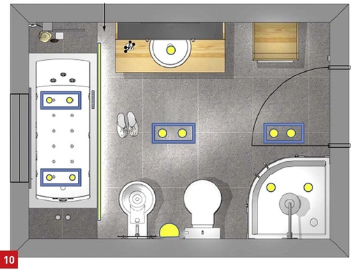 Komplette lichttechnische Planung des Beispiel-Badezimmers mit einer Grundfläche von ca. 8m2. Eingesetzt werden 4 x 35-Watt-Halogenleuchten und 7 x 20 Watt, um eine mittlere Beleuchtungsstärke von rund 300 Lux bei dunklen Fliesen zu erreichen. Zusätzlich sind in dem Raum eine Wandleuchte und eine indirekt beleuchtete Badewanne mit LED-Band eingeplant, die Licht zum Hinsehen schaffen.