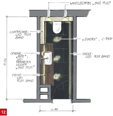 Beispielbad der Firma Zierath im Grundriss mit detaillierten Angaben der eingesetzten Leuchten.