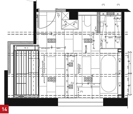 Grundrissplan des 18m2 großen Badezimmers mit der ­genauen Vermaßung und den eingeplanten Downlights. - © Stammer
