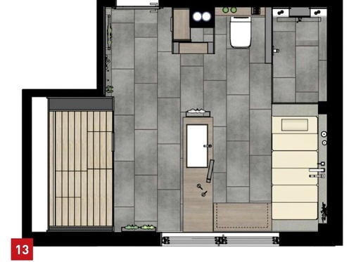 Entwurfsplan eines 18m2 großen Badezimmers mit innenliegender Sauna (links), Badewanne (rechts), Dusche, Waschtisch mit Spiegel, einem Schrankelement und einer Sitzbank. - © Stammer
