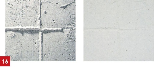 Licht- und Schattenwirkung bei einer identischen Wandoberfläche, jedoch mit unterschiedlicher Lichteinfallsrichtung. Links: schräges Licht von oben, rechts: gleichmäßig diffuses Licht direkt von vorne.