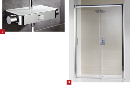 4 Ein Klick genügt: Der Kippschalter der Aquaswitch-Duscharmaturen von HSK ermöglicht das einfache Auswählen zwischen Kopf- und Handbrause.5 Die Solida-Duschkabinenserie von HSK bietet Lösungen für vielfältige Badgrundrisse. Der Verzicht auf eine Bodenführungsschiene ermöglicht einen schwellenlosen Einstieg.