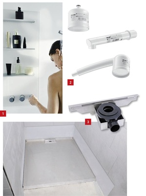 1 Ob hoch oder quer: Das Glaspaneel von Metime_spa von Keuco bietet Platz für Dusch- oder Badeutensilien und ­integriert harmonisch die Bedienelemente der ­Armatur.2 Die endständigen Wasserfilter der Biofil-Produktreihe von Kuhfuss Delabie garantieren hohe Wasserqualität und wirksamen Schutz vor wassergebundenen Infektionen.3 Die Abkantung der Wandhalterung direkt hinter dem Siphon ermöglicht auf einer Länge von 400 mm eine zusätzliche Auflagefläche für das Duschboard.