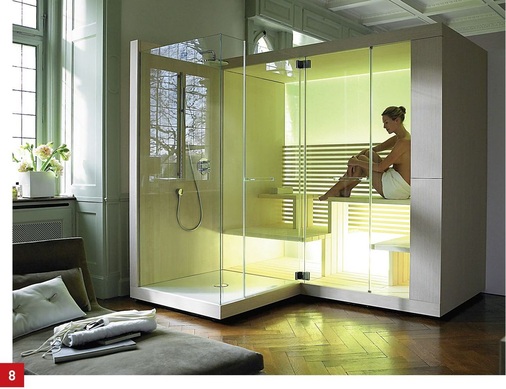 Einstellbare farbige Beleuchtung durch eingebaute LED-Leuchtmittel bei der Sauna Inipi der Firma Duravit.