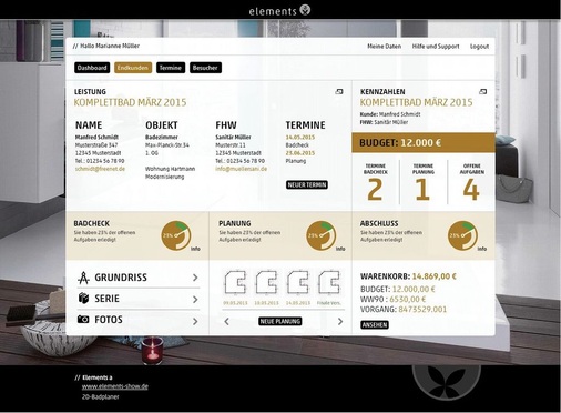 Mit Elements A kann der Handwerker in 15 bis 20 Minuten ein abschlussfähiges Angebot mit allen Kosten und Leistungen von der sanitären Installation über die Gewerke Fliesenleger, Maler, Putz und Trockenbau bis zur Elektro-Installation erstellen.
