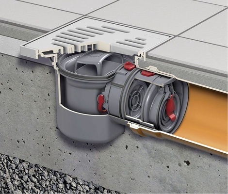 ACO Junior: Kellerablauf mit Rückstauverschluss für fäkalienfreies Abwasser, zur Montage oberhalb der Kanalisation.