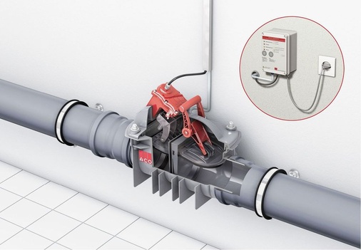 Wenn unterhalb der Rückstauebene eine ­Toilette liegt, kommt der Rückstauautomat ACO Quatrix-K Typ 3F zum Einsatz, hier freiliegend in der Rohrleitung verbaut.