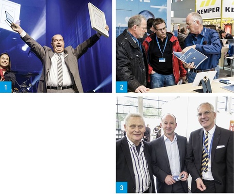 1 Begeisterung: Reflex-Mitarbeiter Dieter Servatius nahm den Rifa Digital-Award für die beste App entgegen. 2 Richter+Frenzel hat das Thema Digital-Mediennutzung ganz oben auf der Agenda angesiedelt. Rege Diskussionen so auch am Digital-Messestand.3 Wilhelm Schuster, Vorsitzender der R+F-Geschäftsführung (r.) freute sich auch über den Besuch von Sachsens Landesinnungsmeister Herbert Reischl (l.) und Fachverbandsgeschäftsführer Sven Fischer.