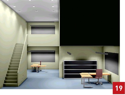 Lichttechnik eines korrekt berechneten Raums nach dem Radiosity Verfahren, Rechenprogramm Relux Suite.