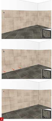 a Diagonale Bodenverlegung wirkt unruhig, es entsteht kein harmonisches Bild. Boden- und Wandfugen sind nicht in ein Raster zu bekommen.b Bei nicht rechtwinkligen Räumen kann das Boden- und Wandraster der rechtwinklig zueinander stehenden Wände ausgerichtet werden. Hier ist entscheidend, wie das Wandfliesenraster der schrägen Wand ausgerichtet wird: Ungünstig ist die gezeigte Wahl, da hier die Fugen langsam minimal versetzt werden.

c Besser ist es, die Wandfugen der schrägen Wand von vorne­herein eher mittig auf die Bodenfliese zu beziehen: Das Auge nimmt so den allmählichen Versatz nicht so deutlich wahr.