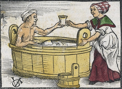 Mittelalterlicher Badezuber aus Holz. Aus einem Züricher Kalender von 1508.