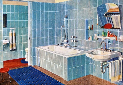 Im Badezimmer der 1950er-Jahre setzt sich allmählich die Badewanne aus Stahl-Email statt aus feuerverzinktem Blech durch.