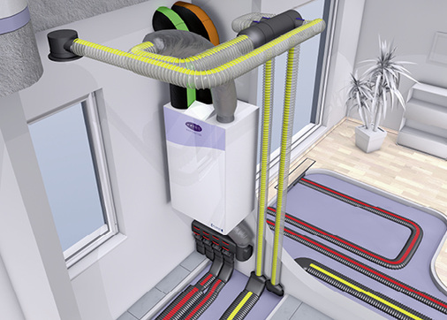 
Ein Beispiel für die Verlegung von Luftkanälen in der Dämmung: Anschlusssituation für ein Pluggit-Lüftungsgerät AP190 mit Verteiler im Technikraum.
