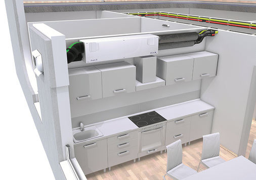 
Montage des Lüftungsgeräts AR150 in der Küchendecke und Verlegung der Lüftungsrohre unter der Decke.

