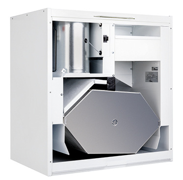 



Innenleben eines Lüftungsgeräts Valloplus 350 SE mit Kreuz-Gegenstrom-Wärmeübertrager von Vallox. 
