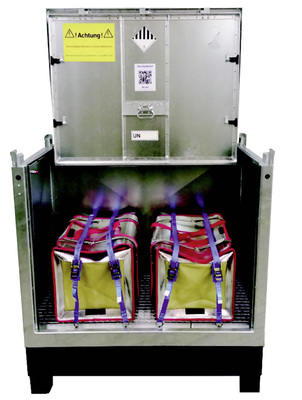 <p>
</p>

<p>
Für die Lagerung und den Transport von intakten und defekten Lithium-Ionen-Batterien gibt es bereits feuerhemmende Behälter mit integrierter Löschanlage. 
</p> - © Bild: Gelkoh


